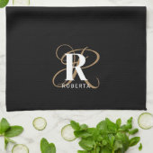 Monogram Name Stilvolles Black Gold Script Geschirrtuch (Gefaltet)