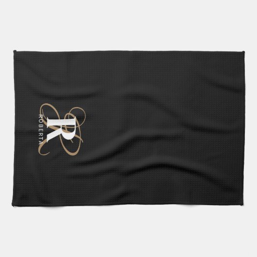Monogram Name Stilvolles Black Gold Script Geschirrtuch (Horizontal)