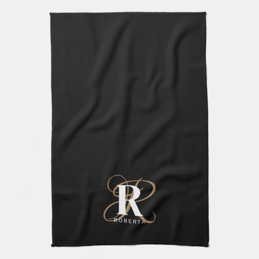 Monogram Name Stilvolles Black Gold Script Geschirrtuch (Vertikal)