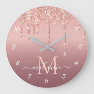 Monogram Name Text Rose Gold Blush Glitter Clock Große Wanduhr