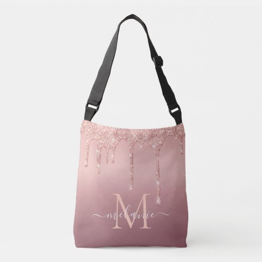 Monogram Name Text Rose Gold Glitzer Crossbody Bag Tragetaschen Mit Langen Trägern (Vorderseite)