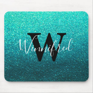 Monogram Name Turquoise Ombre Glitzer Glitzern Mousepad
