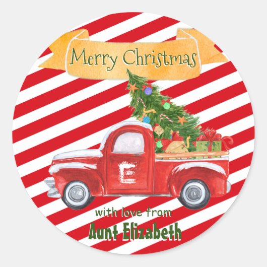 Monogram Name Vintag Red Truck Weihnachten Runder Aufkleber (Vorderseite)