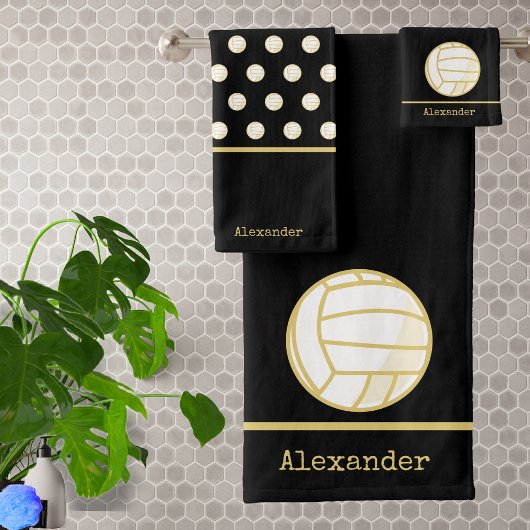 Monogram Name Volleyball Gold Black Badhandtuch Set