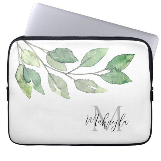 Monogram Name Watercolor Greenery Laptopschutzhülle (Vorderseite)