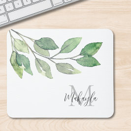 Monogram Name Watercolor Greenery Mousepad