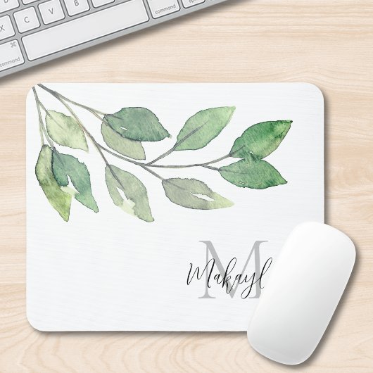 Monogram Name Watercolor Greenery Mousepad
