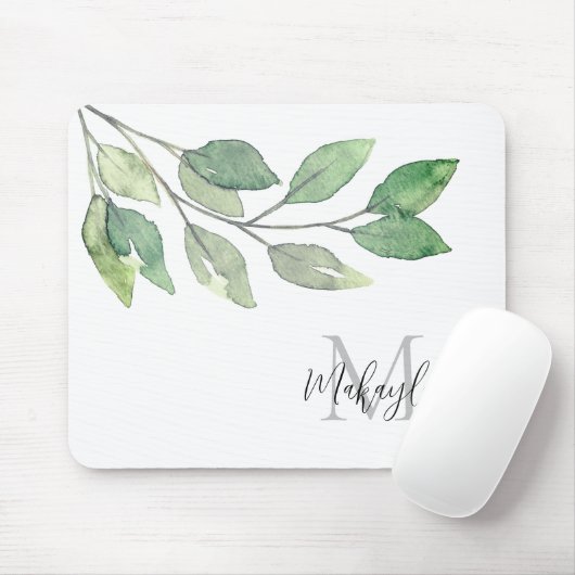 Monogram Name Watercolor Greenery Mousepad (Mit Mouse)