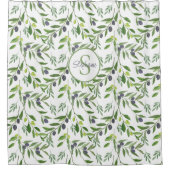 Monogram Name Watercolor Olive Pattern Duschvorhang (Vorderseite)