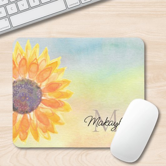 Monogram Name Watercolor Sonnenblume Mousepad