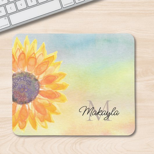 Monogram Name Watercolor Sonnenblume Mousepad