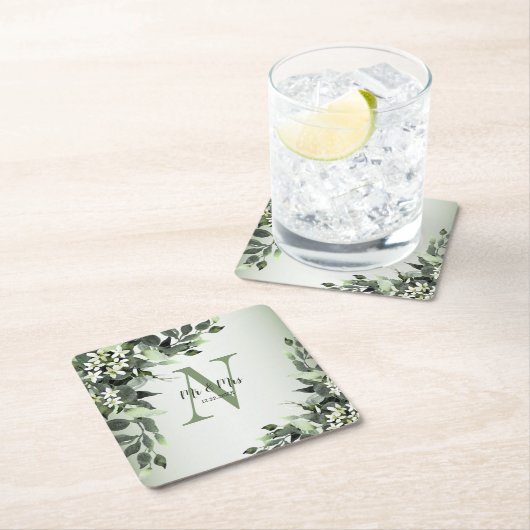 Monogram Name Wedding Greenery Bloral Blätter Rechteckiger Pappuntersetzer (Vor Ort)