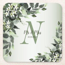 Monogram Name Wedding Greenery Bloral Blätter Rechteckiger Pappuntersetzer