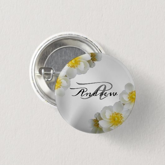 Monogram Name Wedding Party Geschenk florale Weiß Button (Vorne & Hinten)