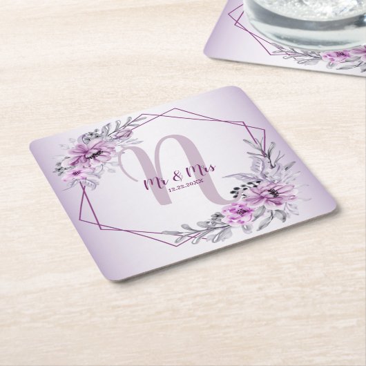 Monogram Name Wedding Pink Floral Violet Lila Rechteckiger Pappuntersetzer (angewinkelt)