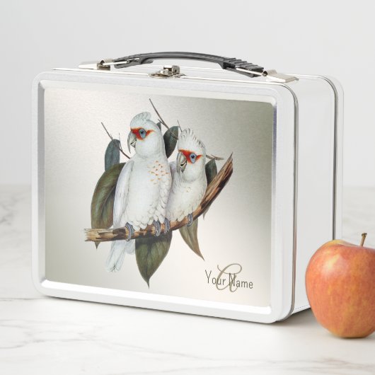 Monogram Name White Birds Cockatoo Green Blätter Metall Brotdose (Beispiel)