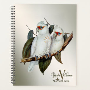 Monogram Name White Birds Cockatoo Green Blätter Planer
