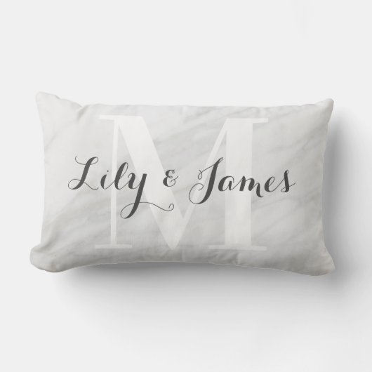 Monogram Name White Gray Marble Wedding Keepake Lendenkissen (Vorderseite)