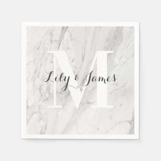 Monogram Name White Gray Marble Wedding Keepake Serviette (Vorderseite)