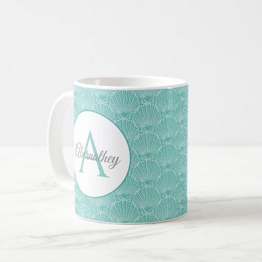 Monogram Name White Sea Muschel Muster Beach House Kaffeetasse (Vorderseite Links)