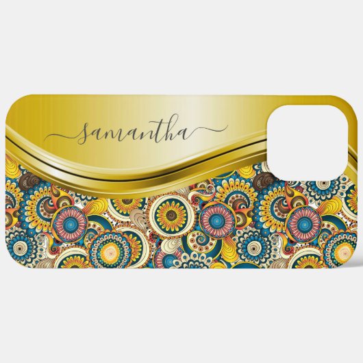 Monogram Name Yellow Retro Abstraktes Muster Case-Mate iPhone Hülle (Hinten (horizontal))