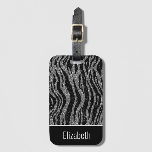 Monogram Name Zebra Print Black Silver Grau White Gepäckanhänger (Vorderseite Vertikal)