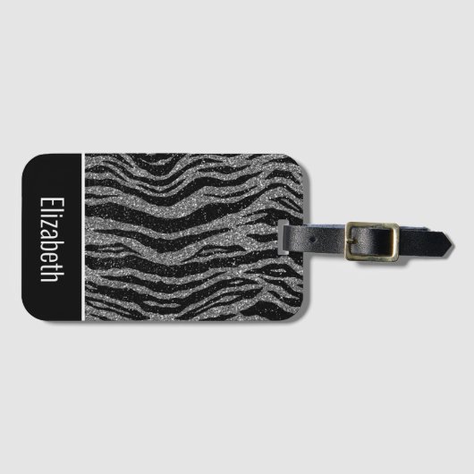 Monogram Name Zebra Print Black Silver Grau White Gepäckanhänger (Vorderseite (Horizontal))
