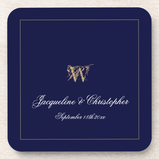 Monogram-Namen Chic Navy, neu verheiratet/Hochzeit Getränkeuntersetzer (Vorderseite)