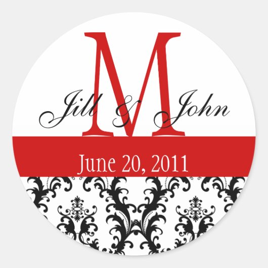 Monogram-Namen Datum Damask Hochzeitrot Weiß Runder Aufkleber (Vorderseite)