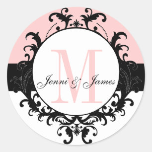 Monogram-Namen für Hochzeiten Damask Pink White La Runder Aufkleber