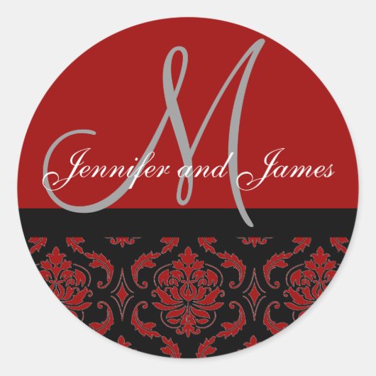 Monogram & Names Damask Burgundy Red Wedding Siege Runder Aufkleber (Vorderseite)