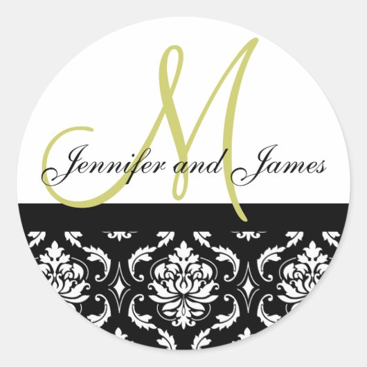 Monogram & Names Damask Green Wedding Sticker (Vorderseite)