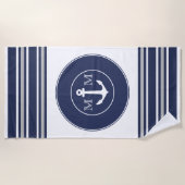 Monogram Nautic Modern White Navy Blue Stripes Strandtuch (Vorderseite)