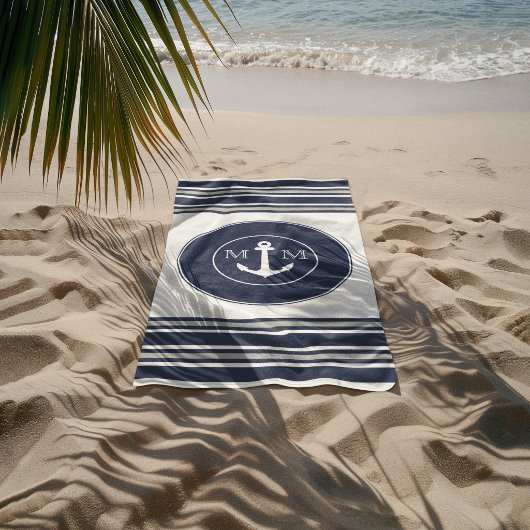 Monogram Nautic Modern White Navy Blue Stripes Strandtuch