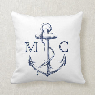 Monogram Nautic Navy + White Sketch Anchor   Kissen