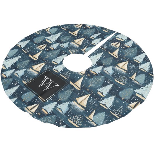 Monogram Nautic Sailboat Polyester Weihnachtsbaumdecke (Schrägansicht)