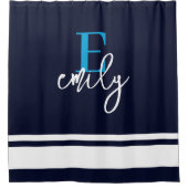 Monogram Nautic Stripes Navy Blue White Duschvorhang (Vorderseite)