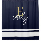 Monogram Nautic Stripes Navy Gold White Duschvorhang (Vorderseite)
