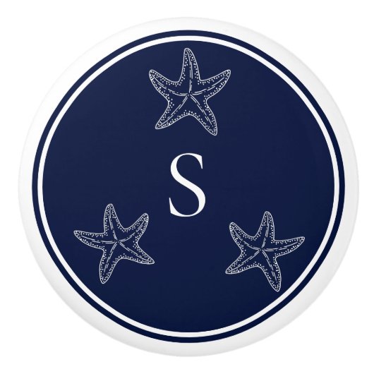 Monogram Nautic White Navy Blue Starfish Beach Keramikknauf (Vorderseite)