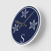 Monogram Nautic White Navy Blue Starfish Beach Runde Wanduhr (Winkel)