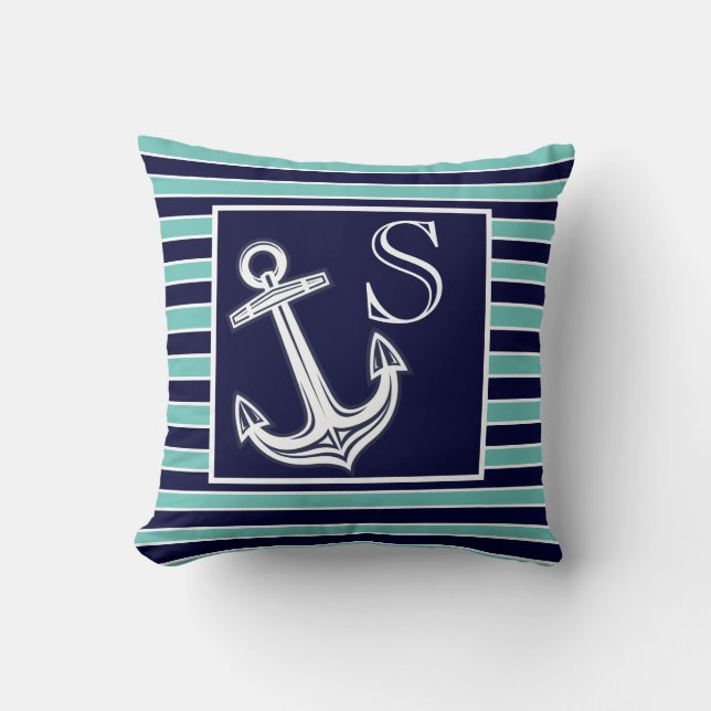 Monogram Nautical Anchor Navy Aquamarine Streifen Kissen (Vorderseite)