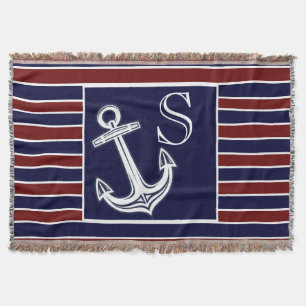Monogram Nautical Anchor Navy Blue Maroon Streifen Decke
