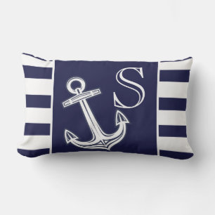 Monogram Nautical Anchor Navy Blue White Streifen Kissen Für Draußen