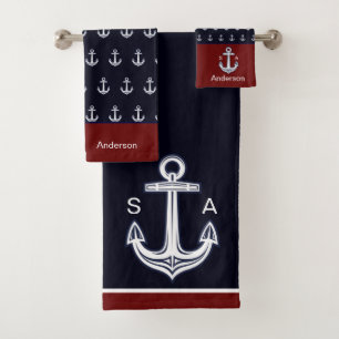 Monogram Nautical Anchor Navy White Maroon Coastal Badhandtuch Set