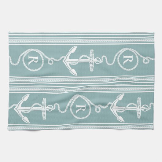 Monogram Nautical Anchor Rope Neutral Turquoise Geschirrtuch (Horizontal)