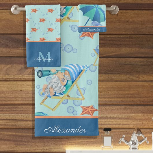 Monogram Nautical Beach Gnome Blue White Boy Badhandtuch Set