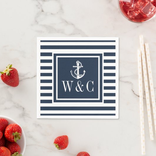 Monogram Nautical Boat Anchor Navy Blue Strip Serviette (Beispiel)