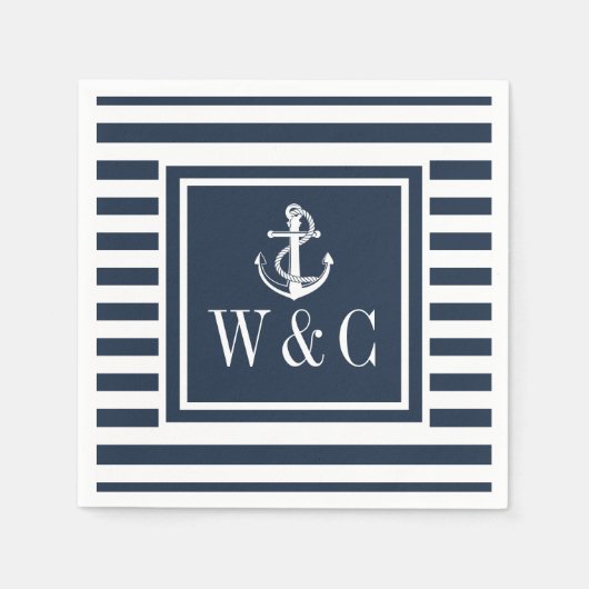 Monogram Nautical Boat Anchor Navy Blue Strip Serviette (Vorderseite)