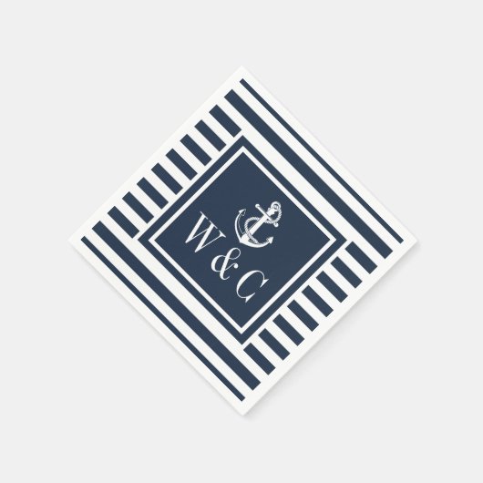 Monogram Nautical Boat Anchor Navy Blue Strip Serviette (Ecke)
