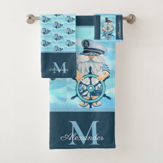 Monogram Nautical Captain Gnome Blue White Boy Badhandtuch Set (Insitu)